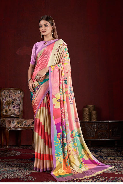 Pink Pure Soft Crape With Flower Print Satin Saree ##color## Japan Satin Saree with premium fabric and embroidery