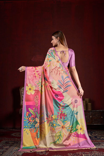 Pink Pure Soft Crape With Flower Print Satin Saree ##color## Japan Satin Saree with premium fabric and embroidery