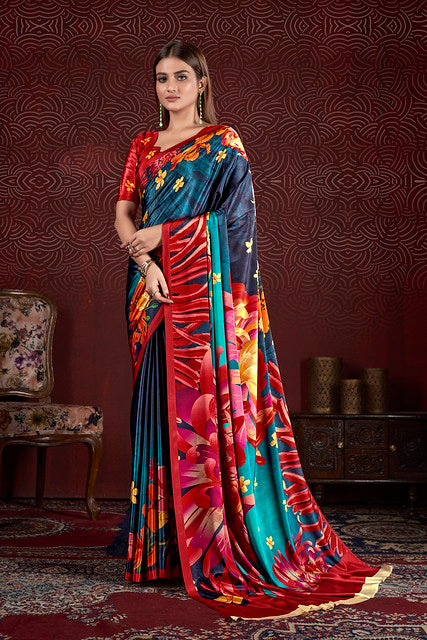 Blue Pure Soft Crape With Flower Print Satin Saree 