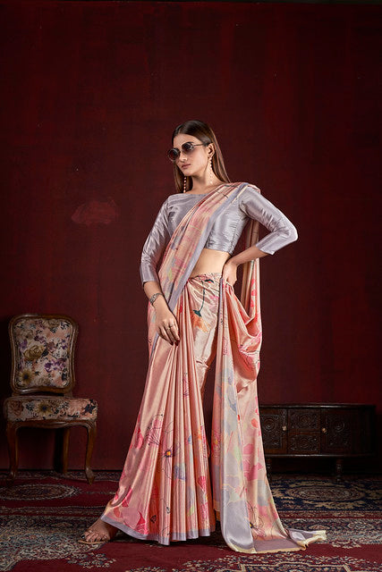 Peach Pure Soft Crape With Flower Print Satin Saree ##color## Japan Satin Saree with premium fabric and embroidery