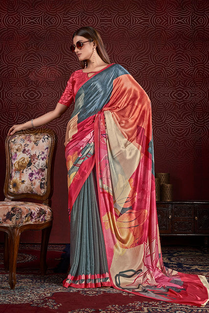 Grey Pure Soft Crape With Flower Print Satin Saree 
