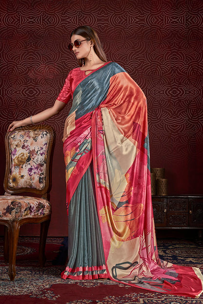 Grey Pure Soft Crape With Flower Print Satin Saree 