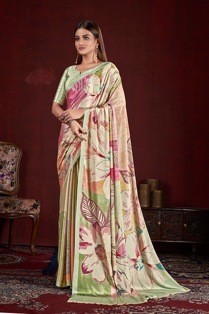 Light Green Pure Soft Crape With Flower Print Satin Saree 