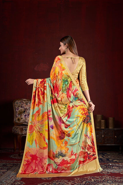 Yellow Pure Soft Crape With Flower Print Satin Saree 