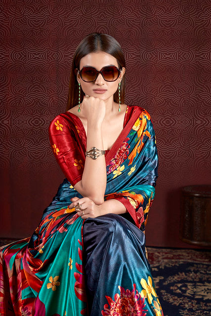 Blue Pure Soft Crape With Flower Print Satin Saree 
