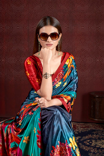 Blue Pure Soft Crape With Flower Print Satin Saree 