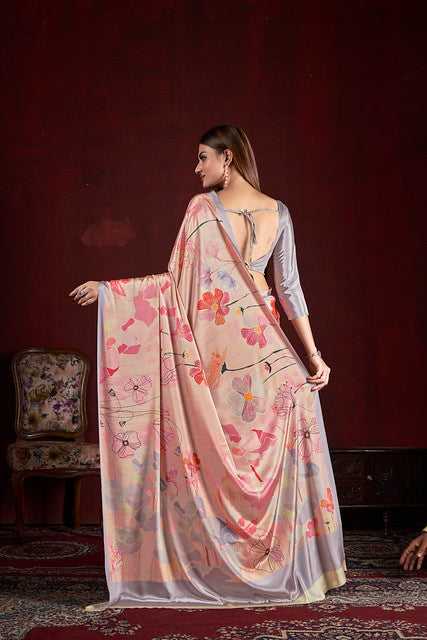 Peach Pure Soft Crape With Flower Print Satin Saree 