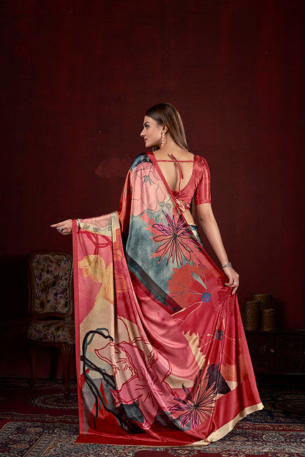 Grey Pure Soft Crape With Flower Print Satin Saree 