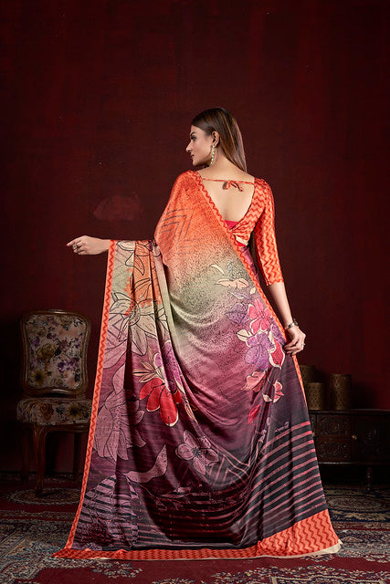 Orange Pure Soft Crape With Flower Print Satin Saree 