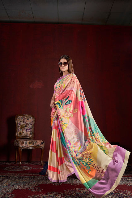 Pink Pure Soft Crape With Flower Print Satin Saree ##color## Japan Satin Saree with premium fabric and embroidery