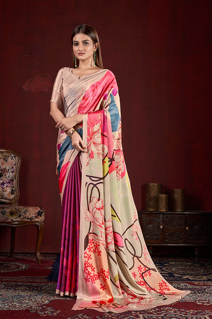Beige Pure Soft Crape With Flower Print Satin Saree 