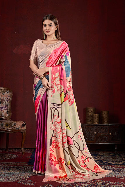 Beige Pure Soft Crape With Flower Print Satin Saree ##color## Japan Satin Saree with premium fabric and embroidery
