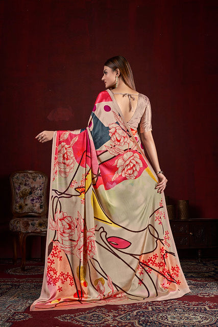 Beige Pure Soft Crape With Flower Print Satin Saree ##color## Japan Satin Saree with premium fabric and embroidery