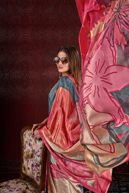 Grey Pure Soft Crape With Flower Print Satin Saree 