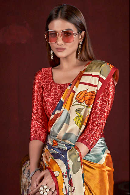 Multicolour Pure Soft Crape With Flower Print Satin Saree 