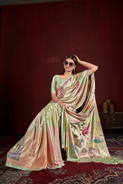 Light Green Pure Soft Crape With Flower Print Satin Saree 
