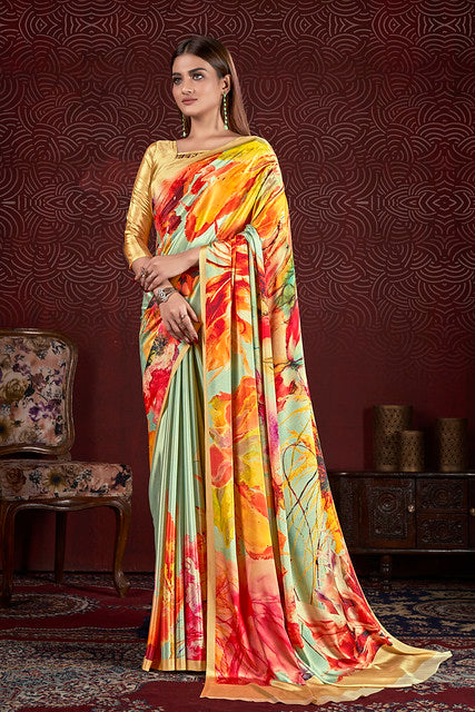 Yellow Pure Soft Crape With Flower Print Satin Saree ##color## Japan Satin Saree with premium fabric and embroidery
