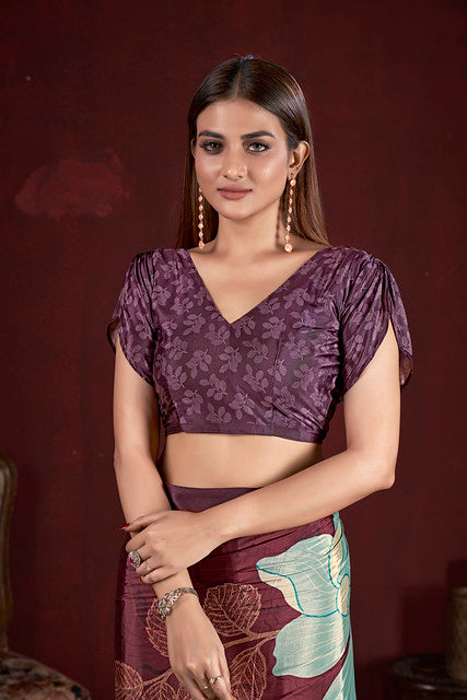 Purple Pure Soft Crape With Flower Print Satin Saree 