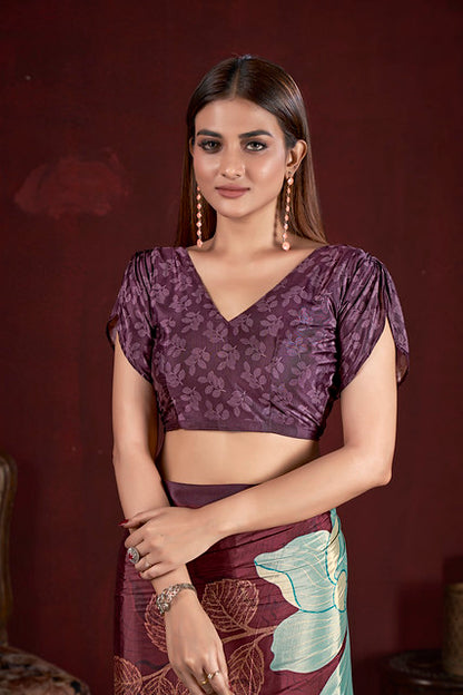 Purple Pure Soft Crape With Flower Print Satin Saree 