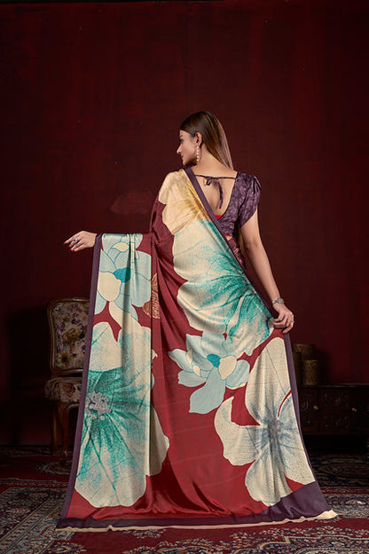 Purple Pure Soft Crape With Flower Print Satin Saree 