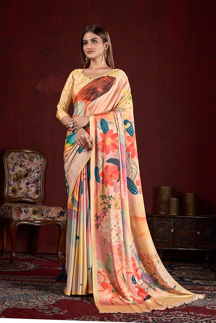 Yellow Pure Soft Crape With Flower Print Satin Saree