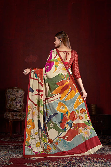 Multicolour Pure Soft Crape With Flower Print Satin Saree 