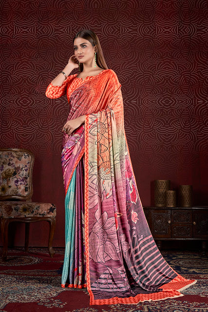 Orange Pure Soft Crape With Flower Print Satin Saree 