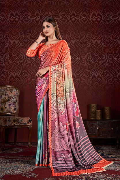 Orange Pure Soft Crape With Flower Print Satin Saree 