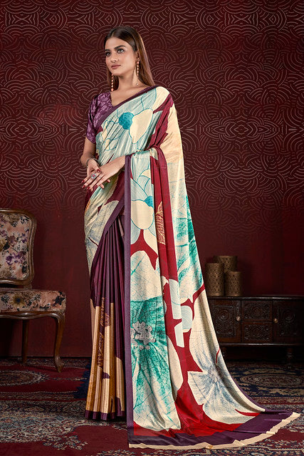 Purple Pure Soft Crape With Flower Print Satin Saree ##color## Japan Satin Saree with premium fabric and embroidery