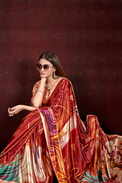 Red Pure Soft Crape With Flower Print Satin Saree