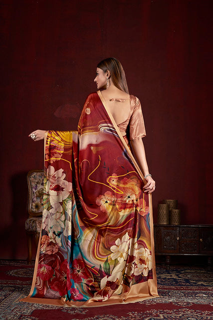 Red Pure Soft Crape With Flower Print Satin Saree 