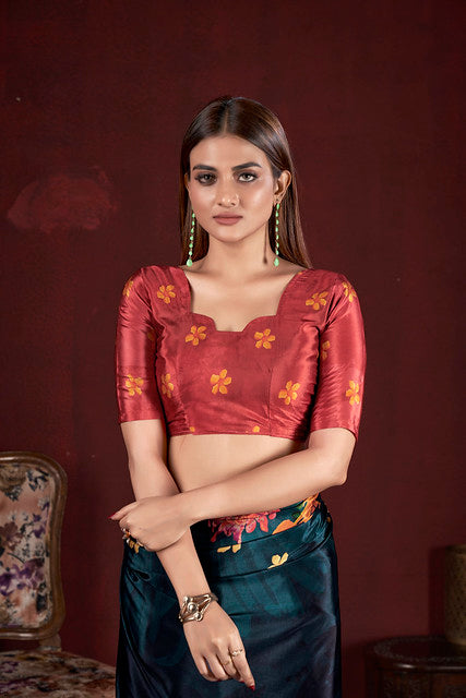 Blue Pure Soft Crape With Flower Print Satin Saree ##color## Japan Satin Saree with premium fabric and embroidery