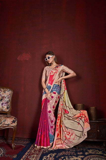 Beige Pure Soft Crape With Flower Print Satin Saree ##color## Japan Satin Saree with premium fabric and embroidery