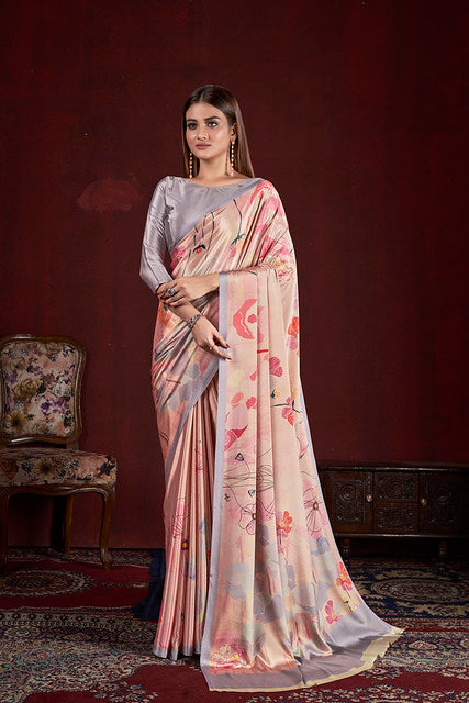 Peach Pure Soft Crape With Flower Print Satin Saree ##color## Japan Satin Saree with premium fabric and embroidery