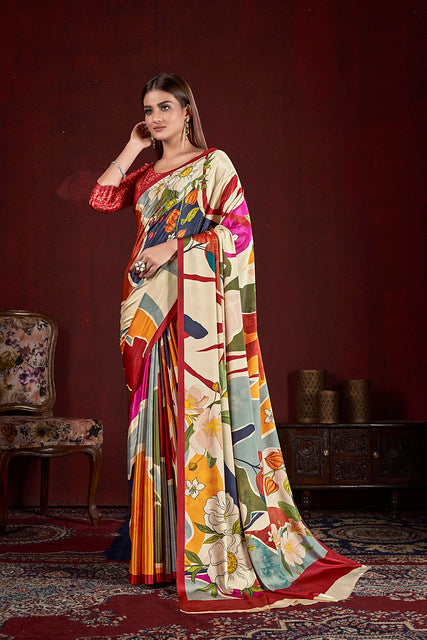 Multicolour Pure Soft Crape With Flower Print Satin Saree 