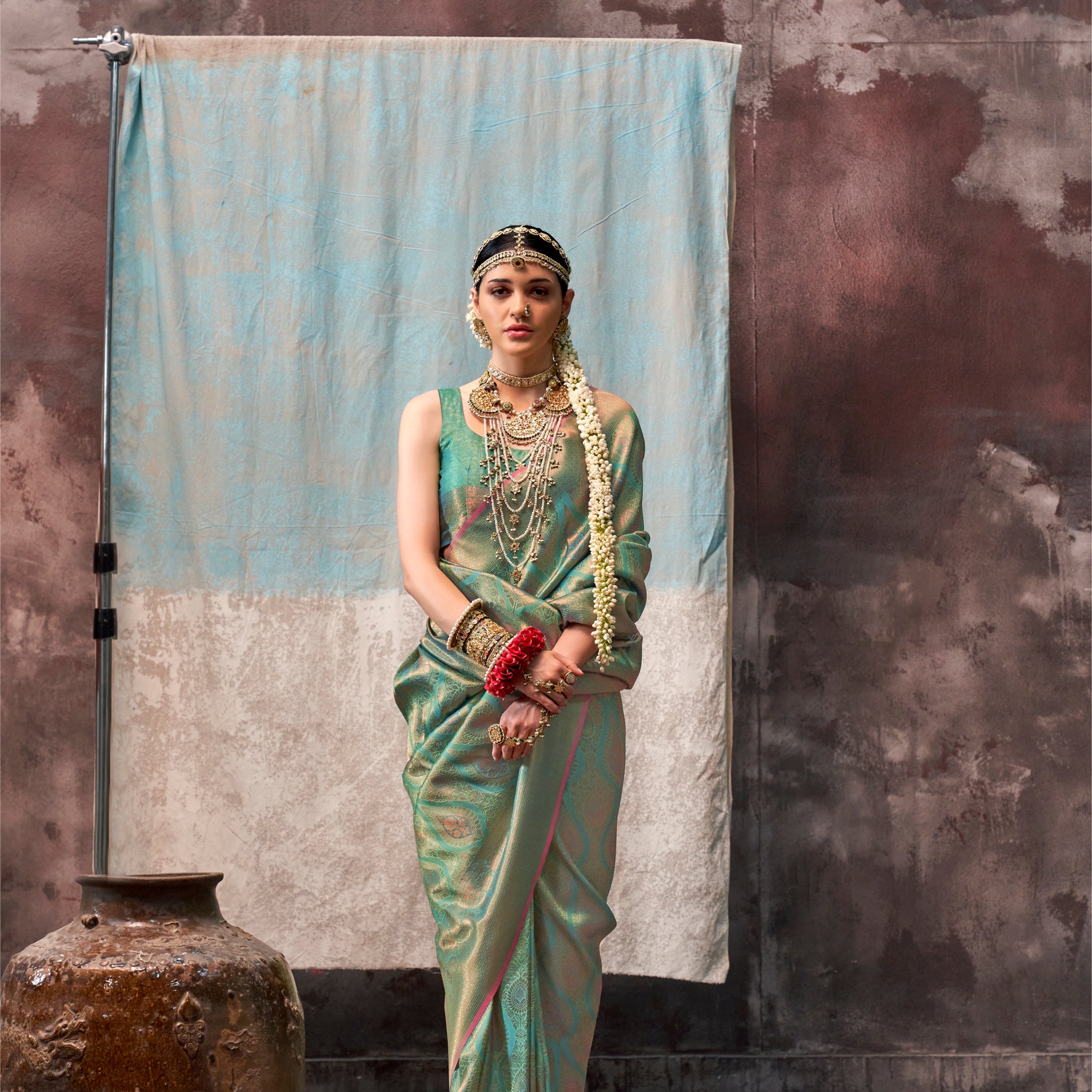 Mint Green Handloom Two Tone Silk Saree with Gold Zari Work