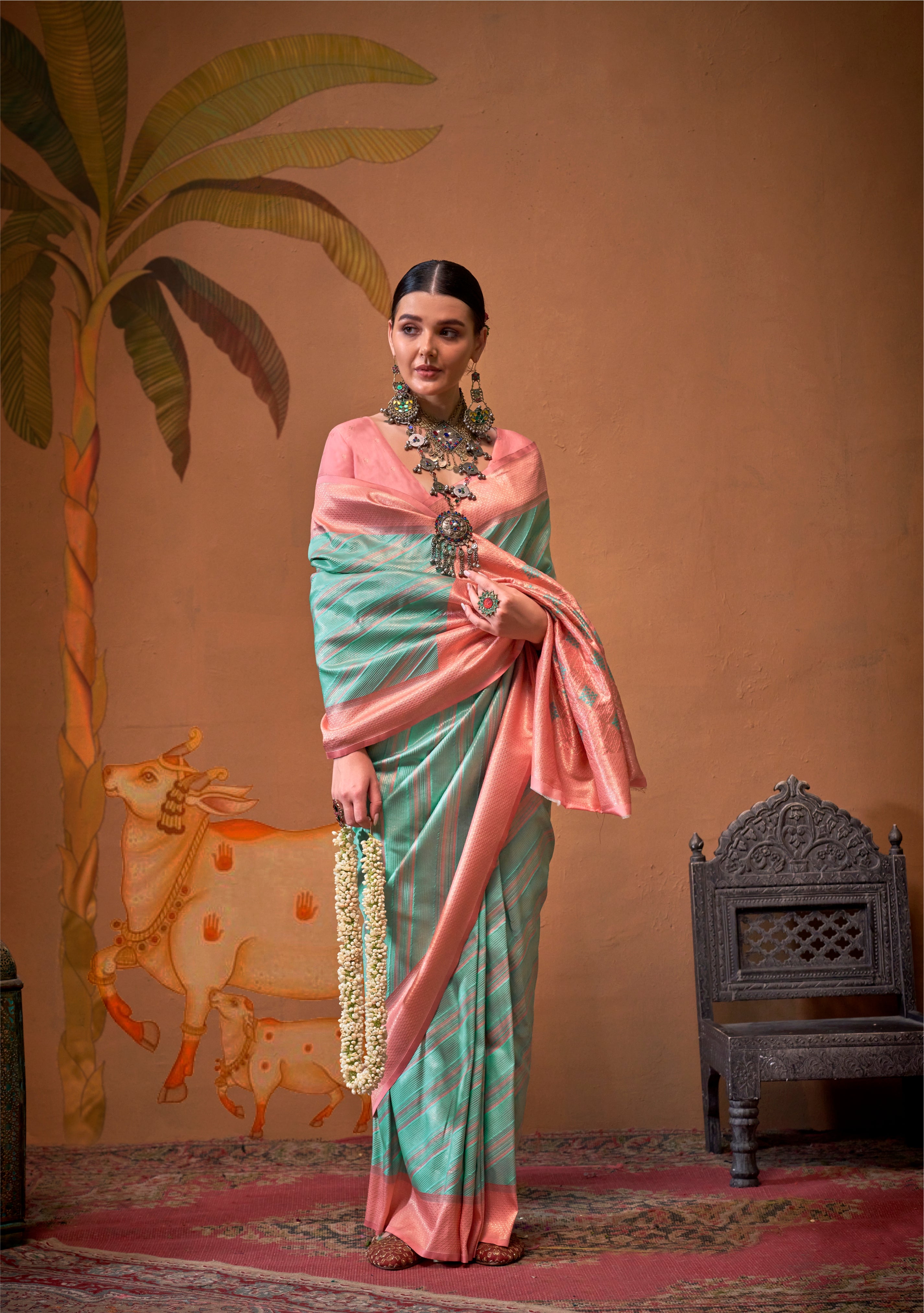 Mint Green and Peach Handloom Weaving Silk Saree with Handloom Silk Blouse