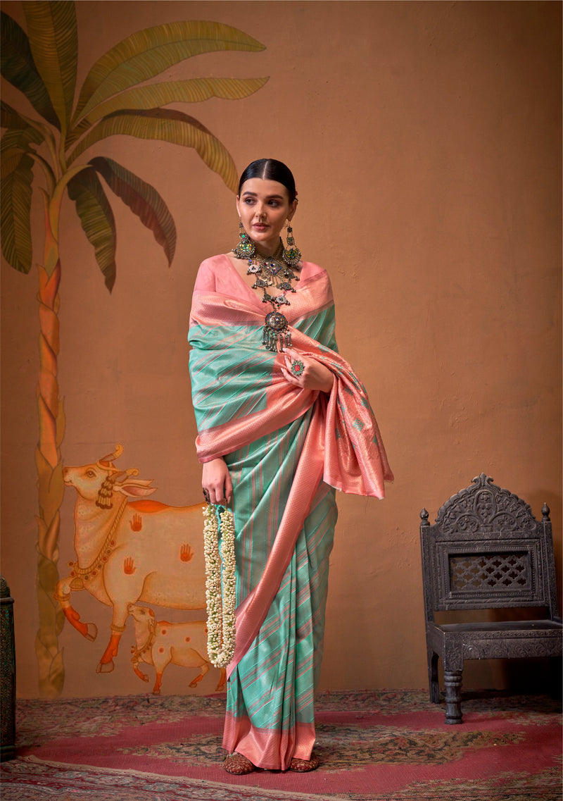 Mint Green and Peach Handloom Weaving Silk Saree with Handloom Silk Blouse