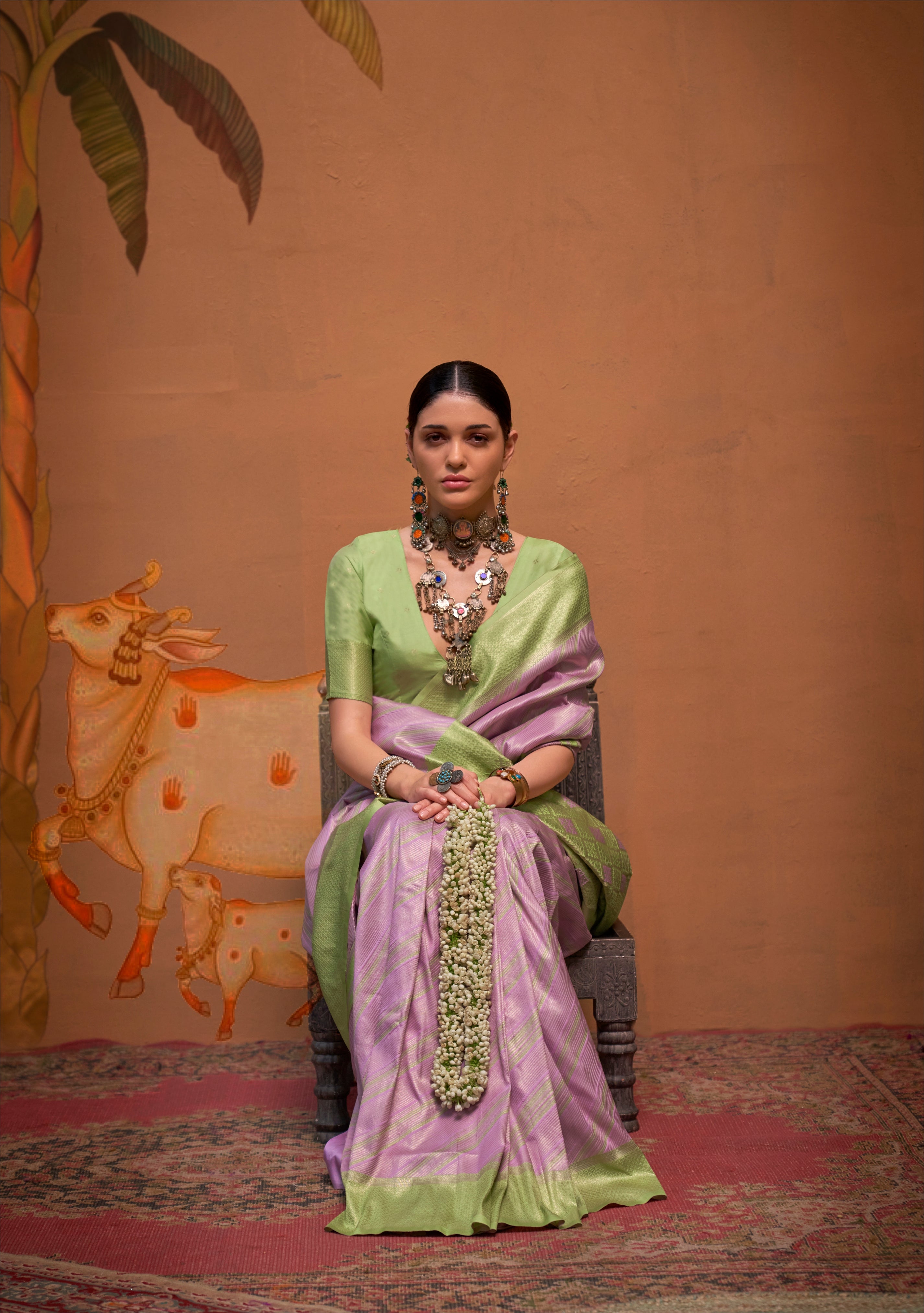 Lavender and Green Handloom Weaving Silk Saree with Handloom Silk Blouse