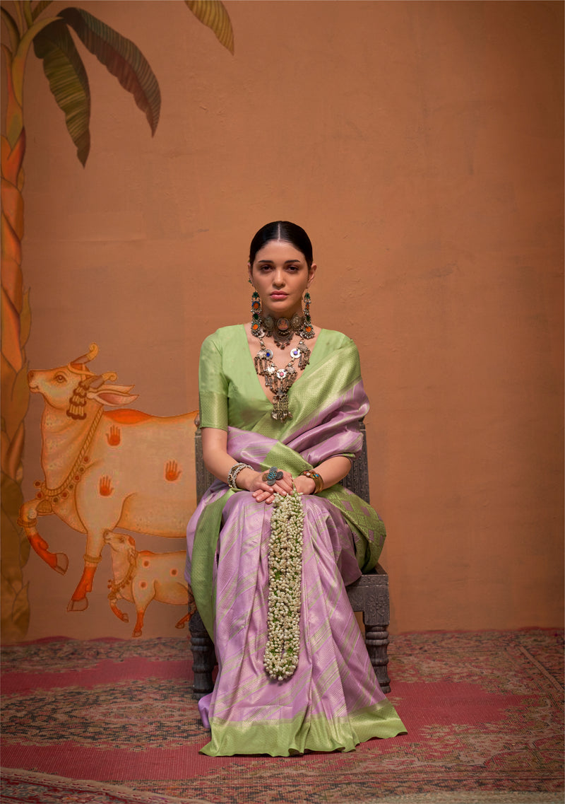 Lavender and Green Handloom Weaving Silk Saree with Handloom Silk Blouse