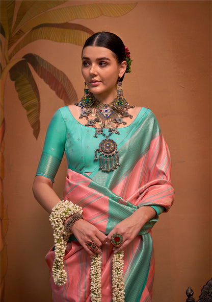 Mint Green and Pink Handloom Weaving Silk Saree with Handloom Silk Blouse