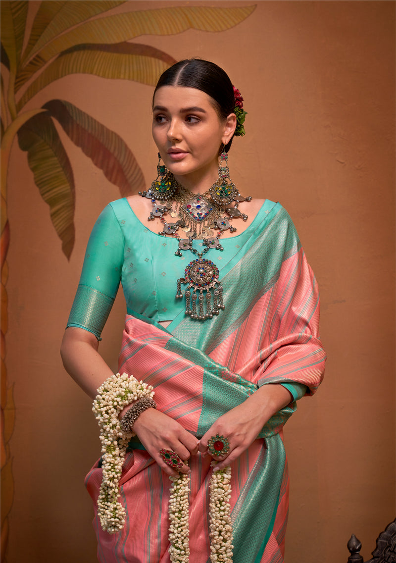 Mint Green and Pink Handloom Weaving Silk Saree with Handloom Silk Blouse