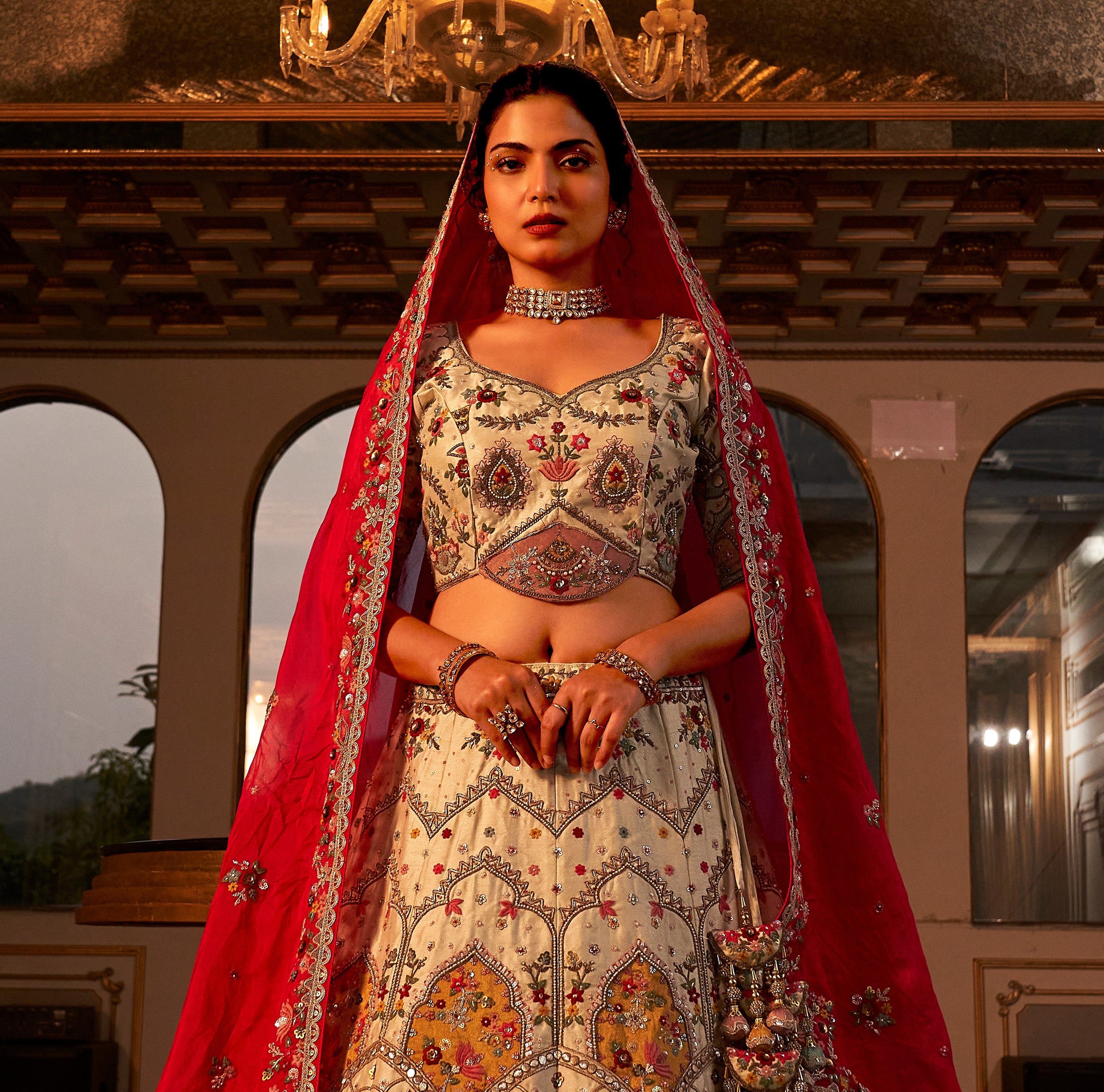 White Bridal Lehenga Choli with Premium Embroidery and Latkan