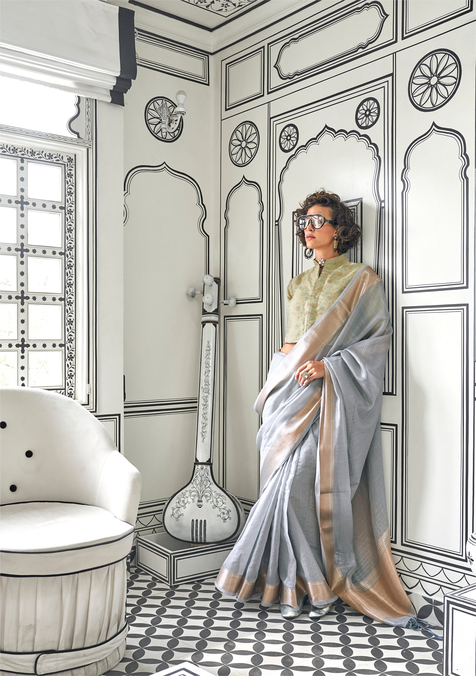 Grey Moss Chiffon Handloom Saree with Zari Lining and Jacquard Blouse