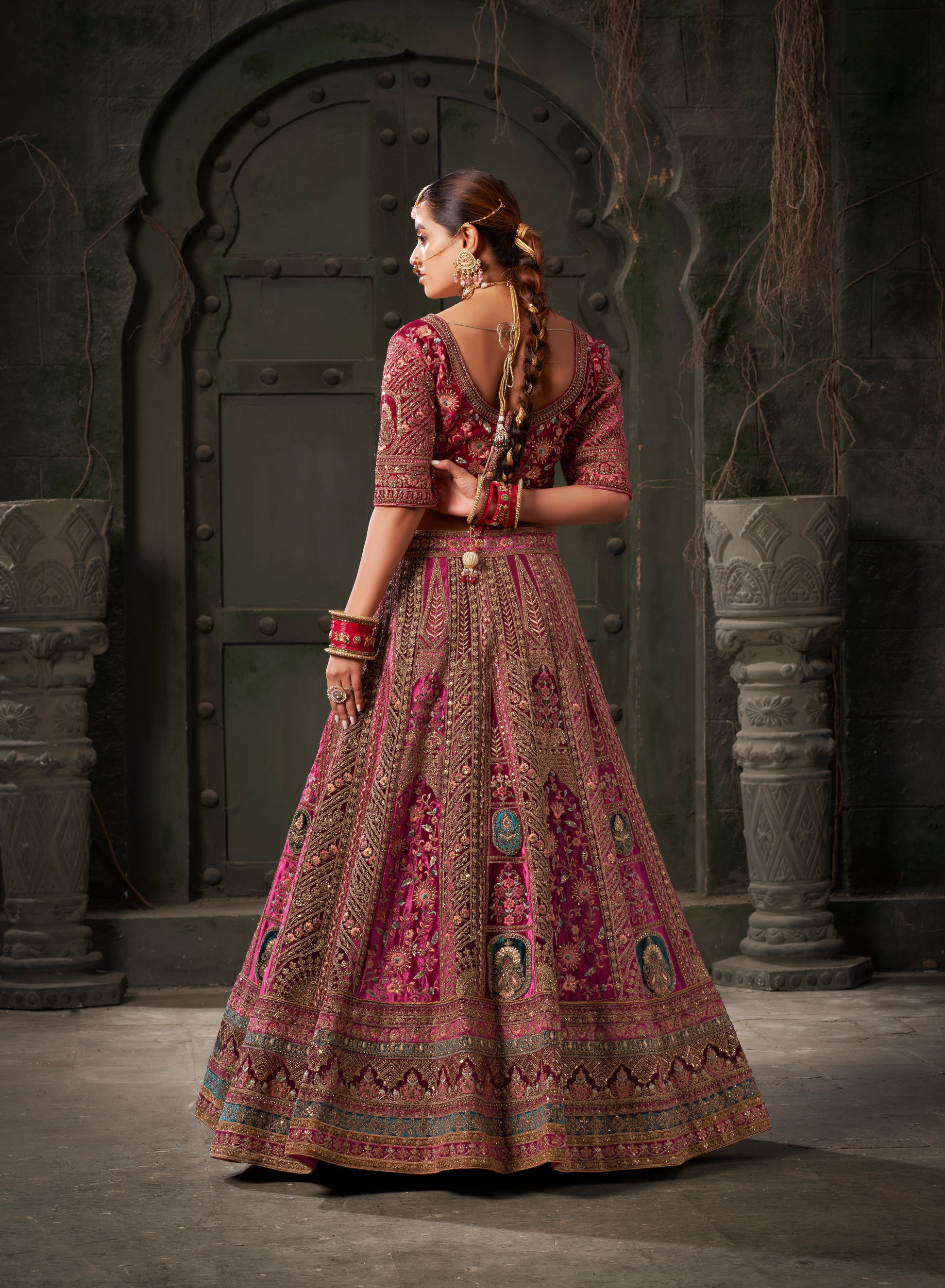 Maroon Deep Pink Velvet Lehenga Choli with Double Dupatta