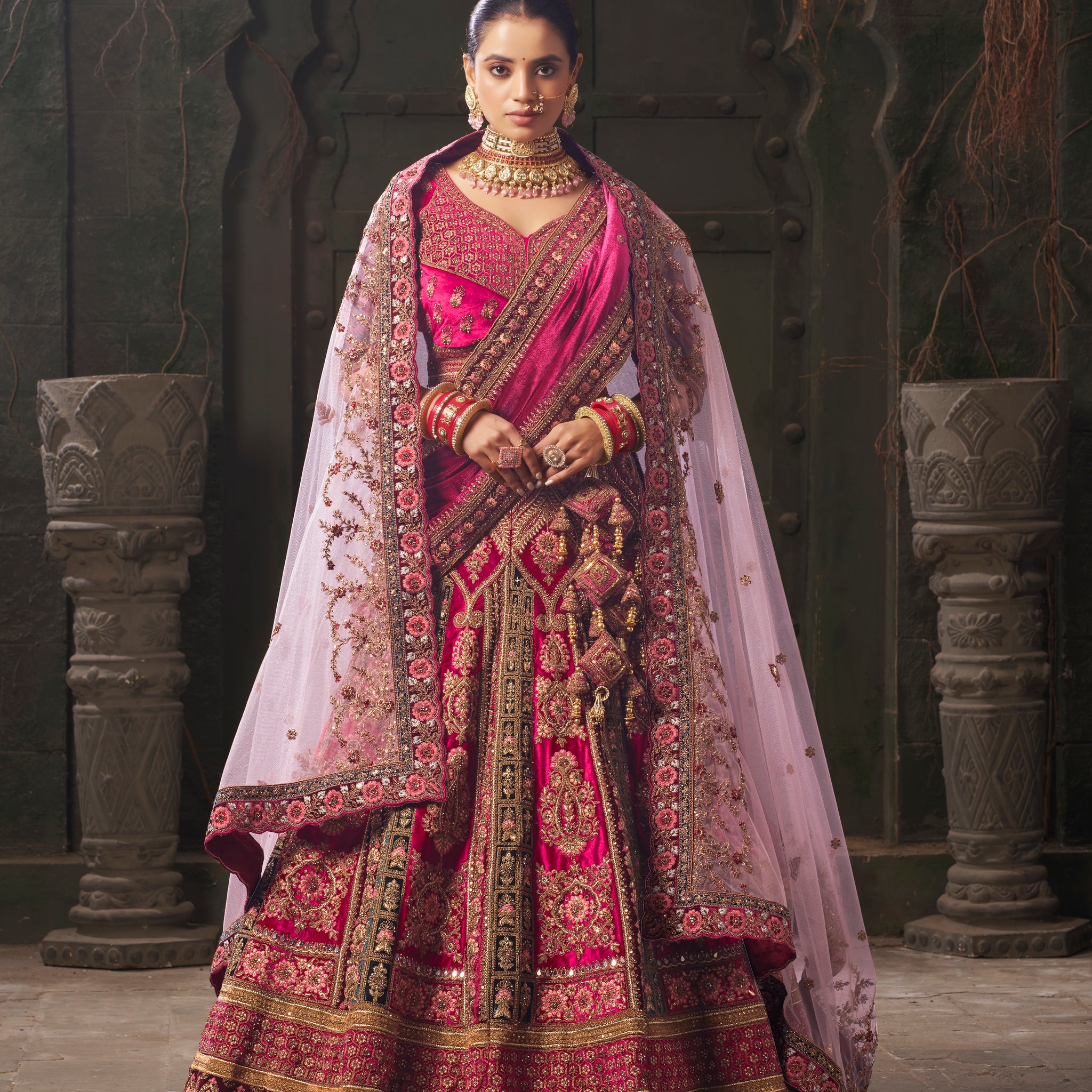 Burgundy & Fuchsia Pink Velvet Lehenga Choli with Double Dupatta