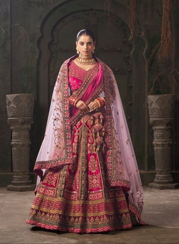 Burgundy & Fuchsia Pink Velvet Lehenga Choli with Double Dupatta