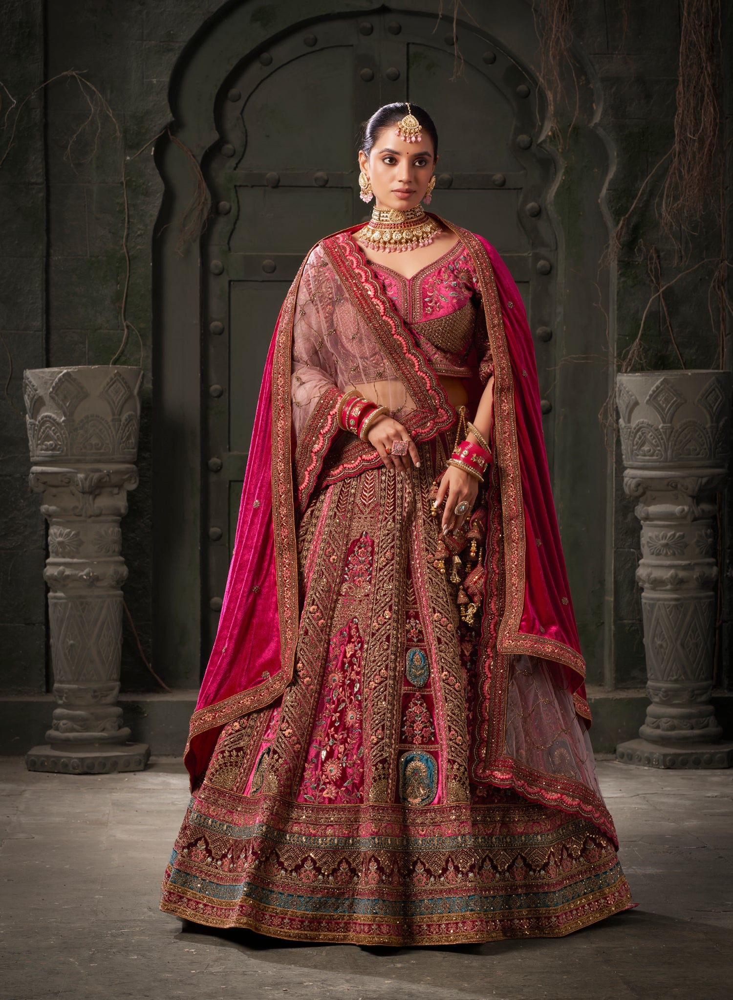 Maroon &amp; Deep Pink Velvet Lehenga Choli with Double Dupatta