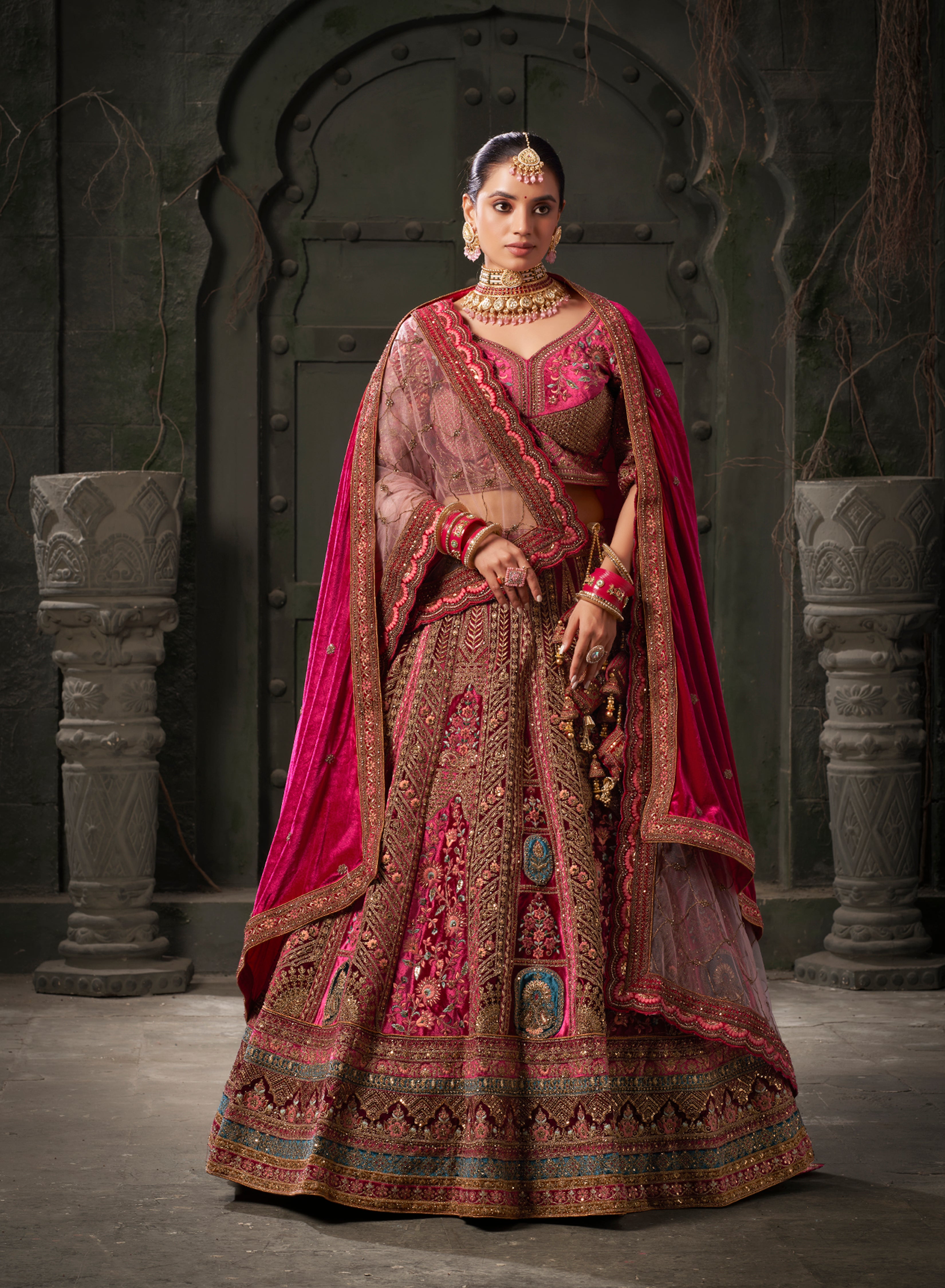 Maroon &amp; Deep Pink Velvet Lehenga Choli with Double Dupatta