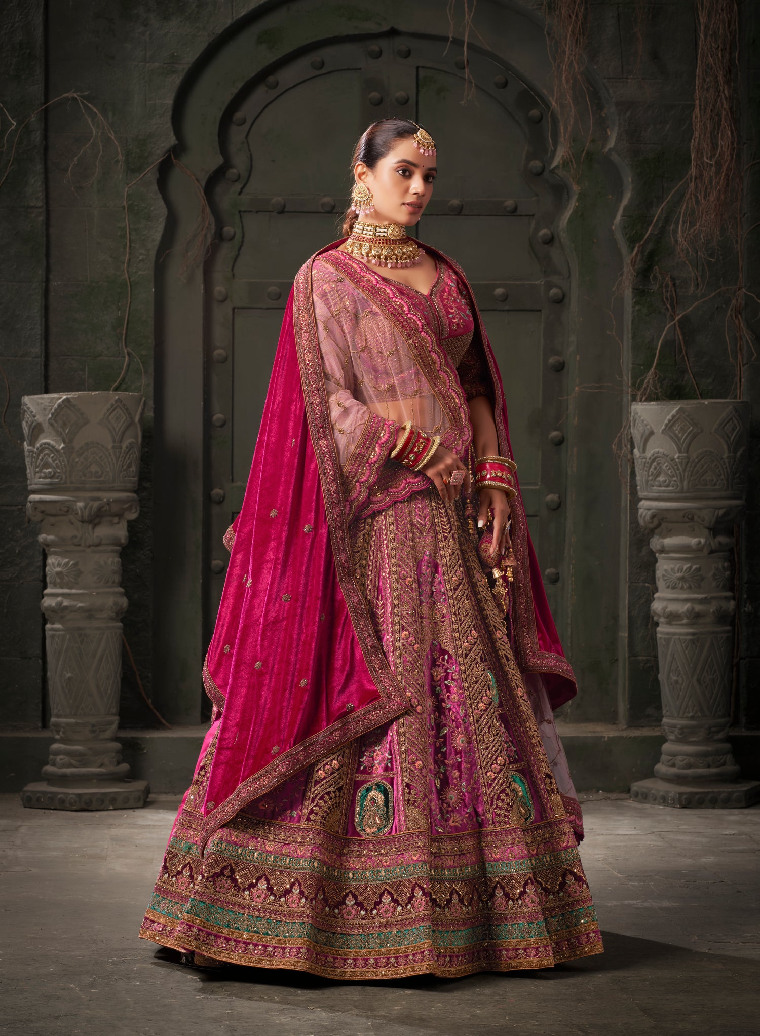 Maroon &amp; Deep Pink Velvet Lehenga Choli with Double Dupatta